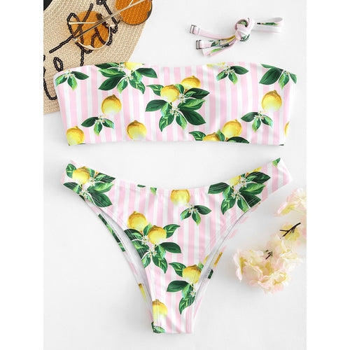 Sexy Bandeau Lemon Printed Bikini-Women&