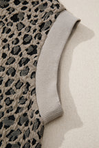 Beige Zip up Collared Leopard Cap Sleeve Top