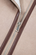 Dark Khaki Sherpa Lined Faux Suede Lapel Collar Vest