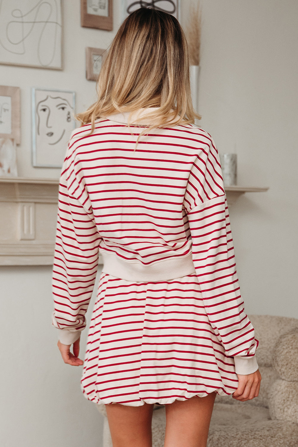 Red Stripe Cropped Collared Drop Shoulder Pullover and Bubble Mini Skirt Set