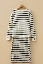Black Stripe Ribbed Trim Button Cuff Long Sleeve Top Midi Skirt 2pcs Outfit