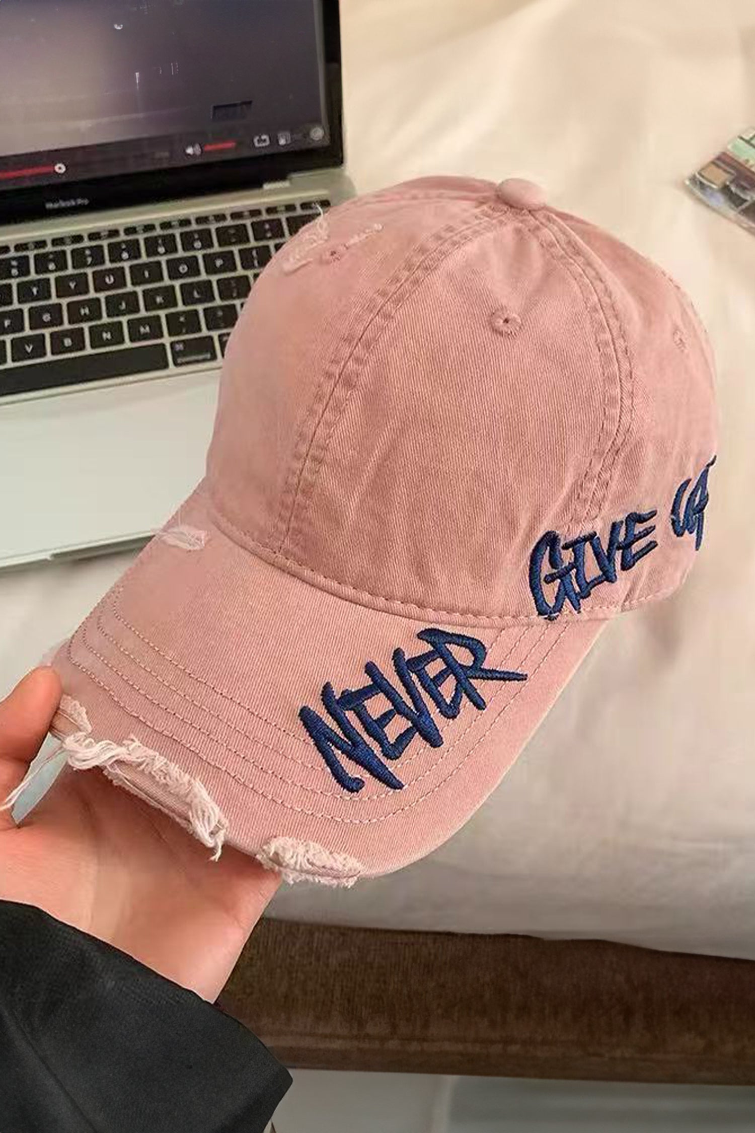 Light Pink NEVER GIVE UP Cotton Distressed Baseball Cap