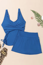 Blue Ribbed Knit Crossed Detail Tank Skort 2pcs Swimsuit