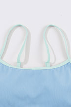 Beau Blue Stylish Ribbed Contrast Trim Spaghetti Straps 2pcs Bikini Swimsuit