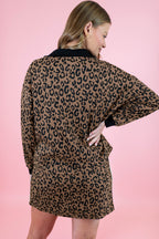 Khaki Leopard Print Quarter Zip Long Sleeve Top Mini Skirt Set