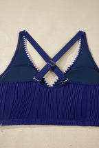 Navy Blue Shell Stitched Trim V Neck Textured Mix and Match High Waist Bikinis