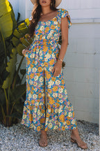 Yellow Floral Allover Print Shirred Cut Out High Waist Jumpsuit