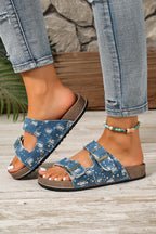 Black white Denim Distressed Retro Buckle Straps Hollowed Faux Suede Slippers