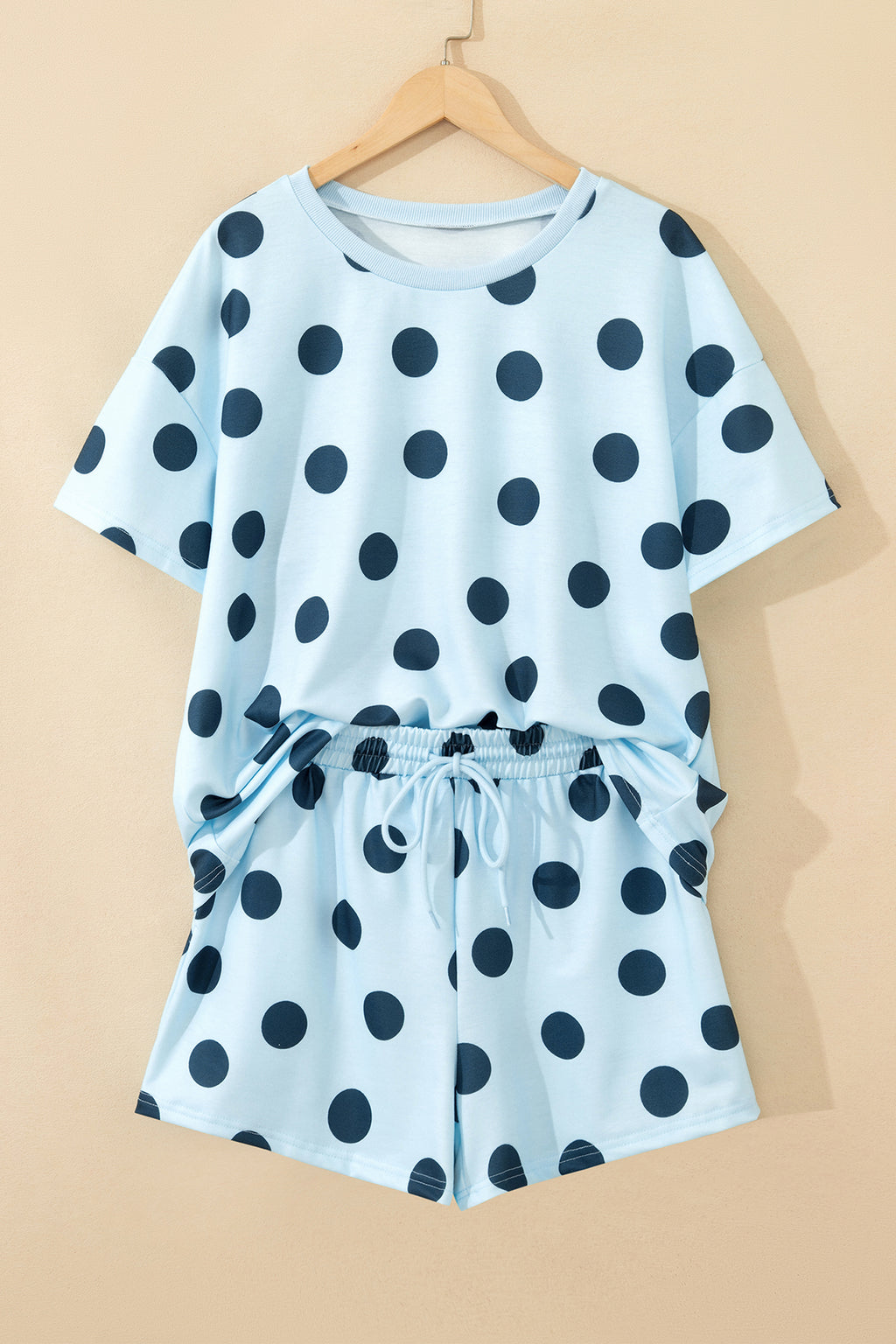 Sky Blue Polka Dot Print Loose Tee Drawstring Elastic Waist Short Set