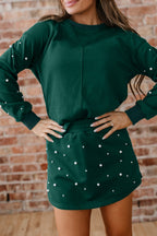 Dark Green Pearl Embellished Drop Shoulder Pullover Elastic Waist Mini Skirt Set