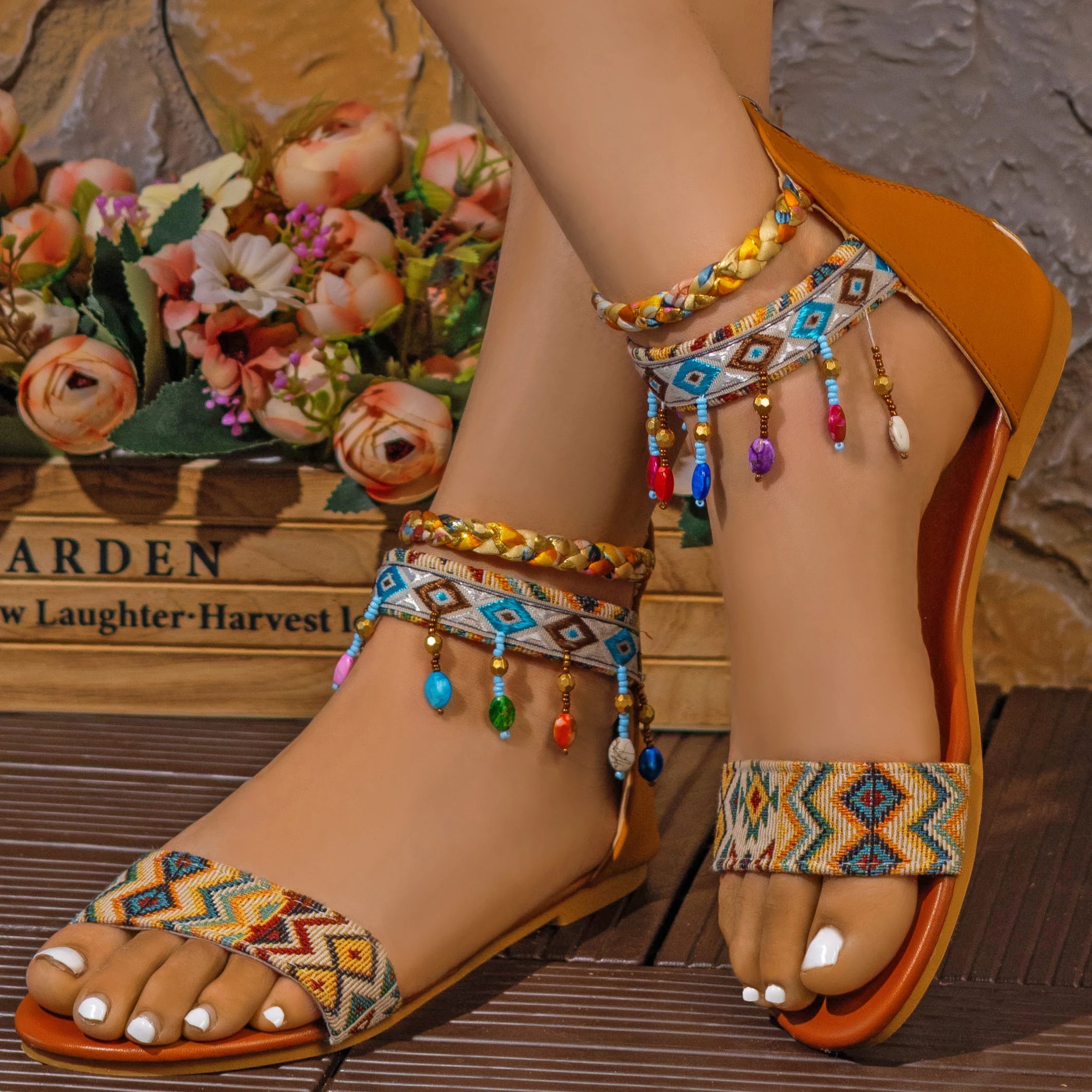 Back Zipper Bohemian Flat Shoes