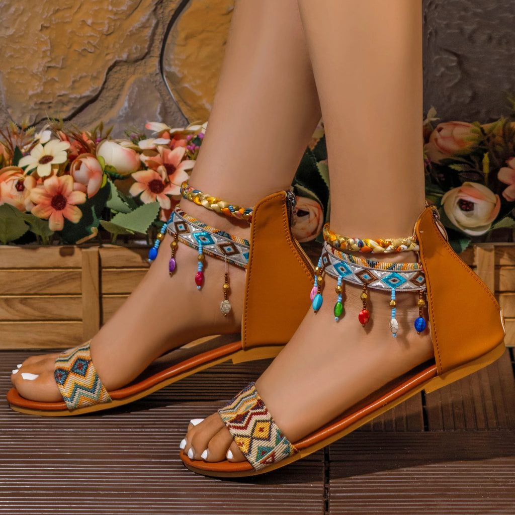 Back Zipper Bohemian Flat Shoes