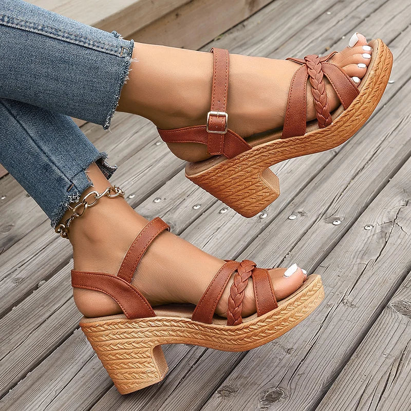 Women Braided Platform High Heel Sandals
