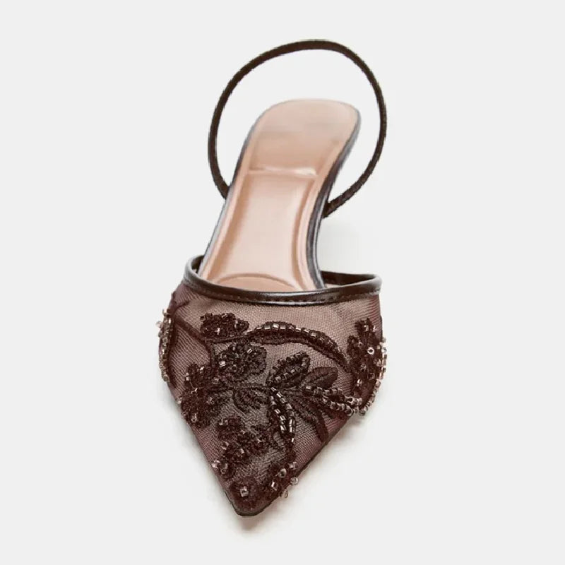 Mesh Embroider Slingback High Heels