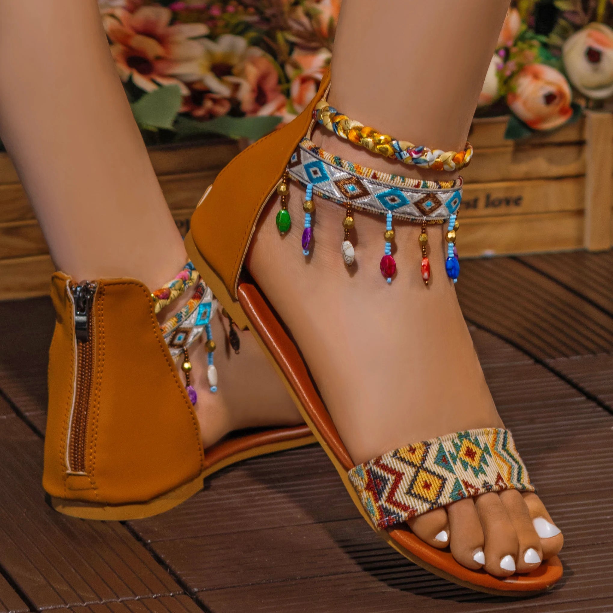 Back Zipper Bohemian Flat Shoes