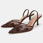 Mesh Embroider Slingback High Heels
