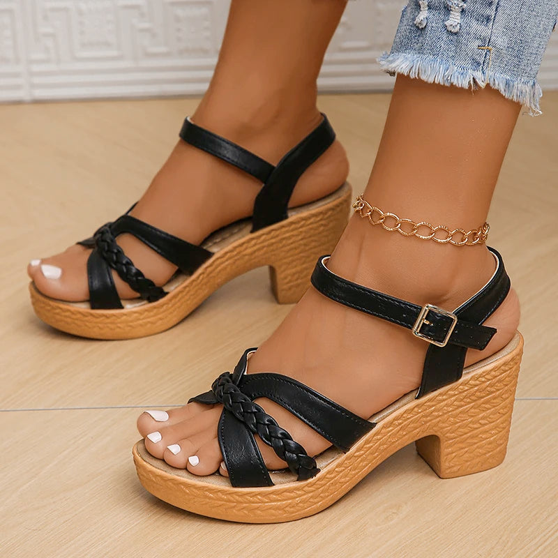 Women Braided Platform High Heel Sandals
