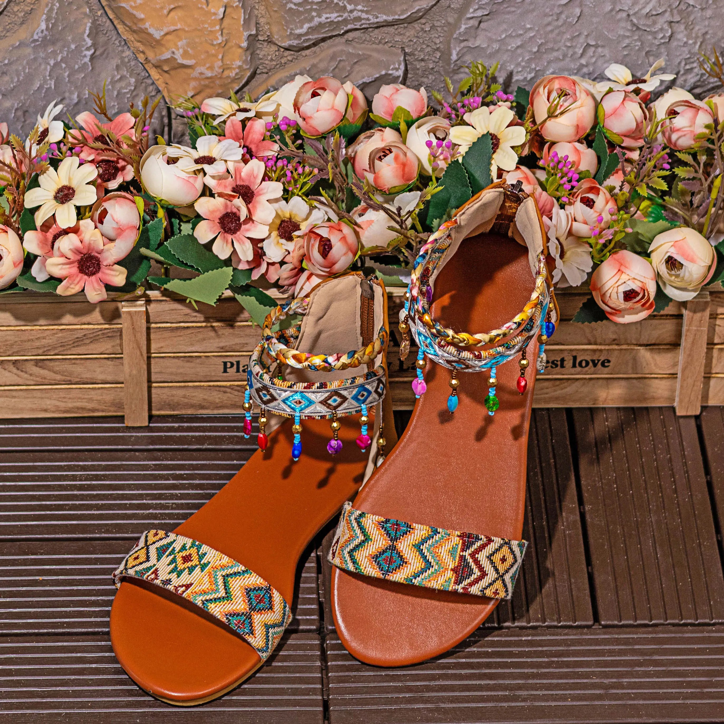 Back Zipper Bohemian Flat Shoes