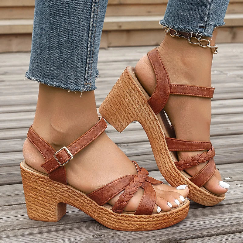 Women Braided Platform High Heel Sandals