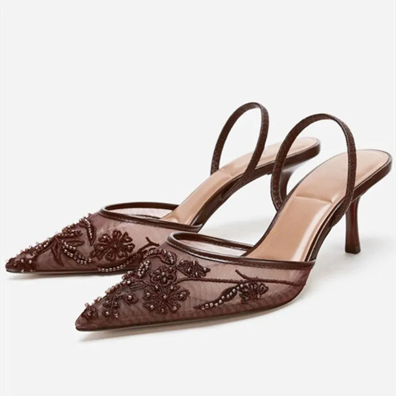 Mesh Embroider Slingback High Heels
