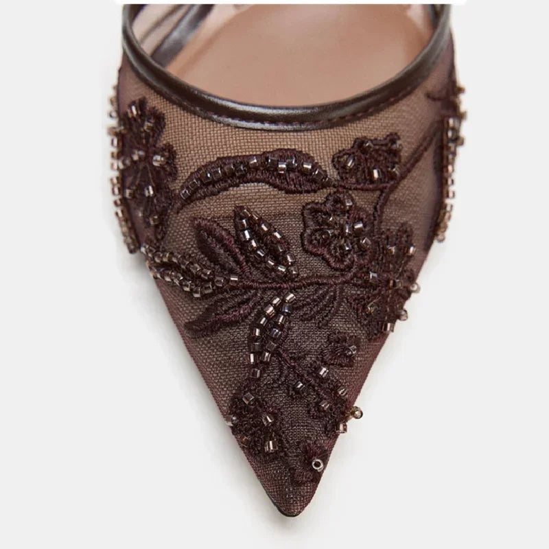 Mesh Embroider Slingback High Heels