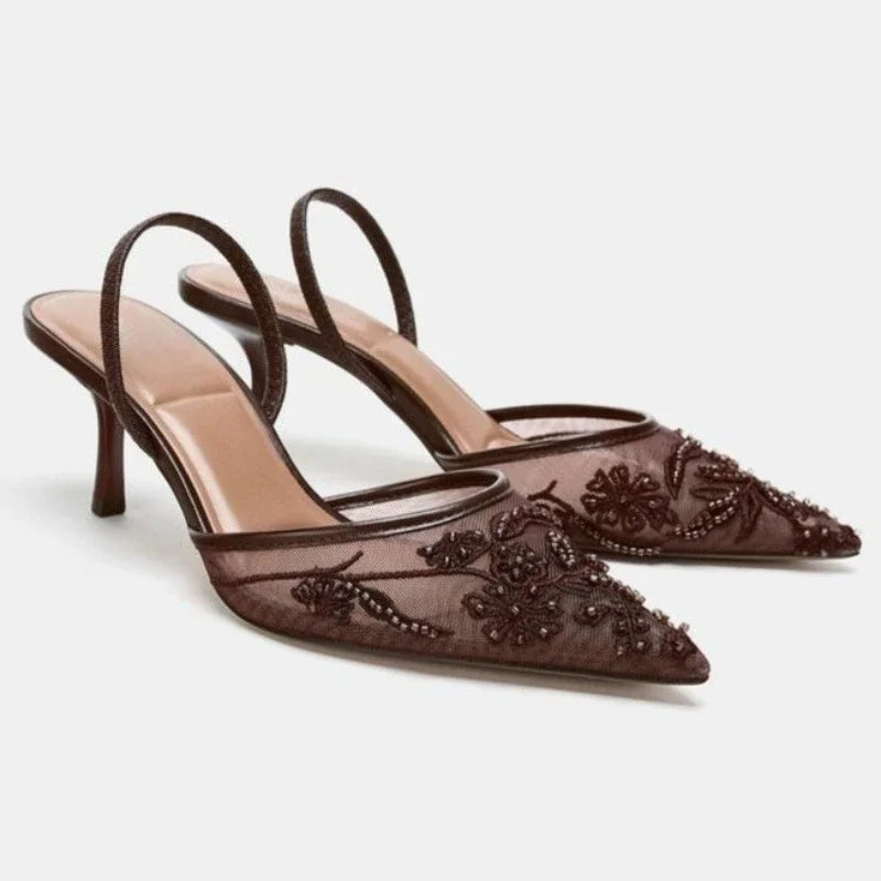Mesh Embroider Slingback High Heels
