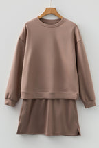 Coffee Solid Color Drop Shoulder Pullover Drawstring Mini Skirt 2pcs Outfit