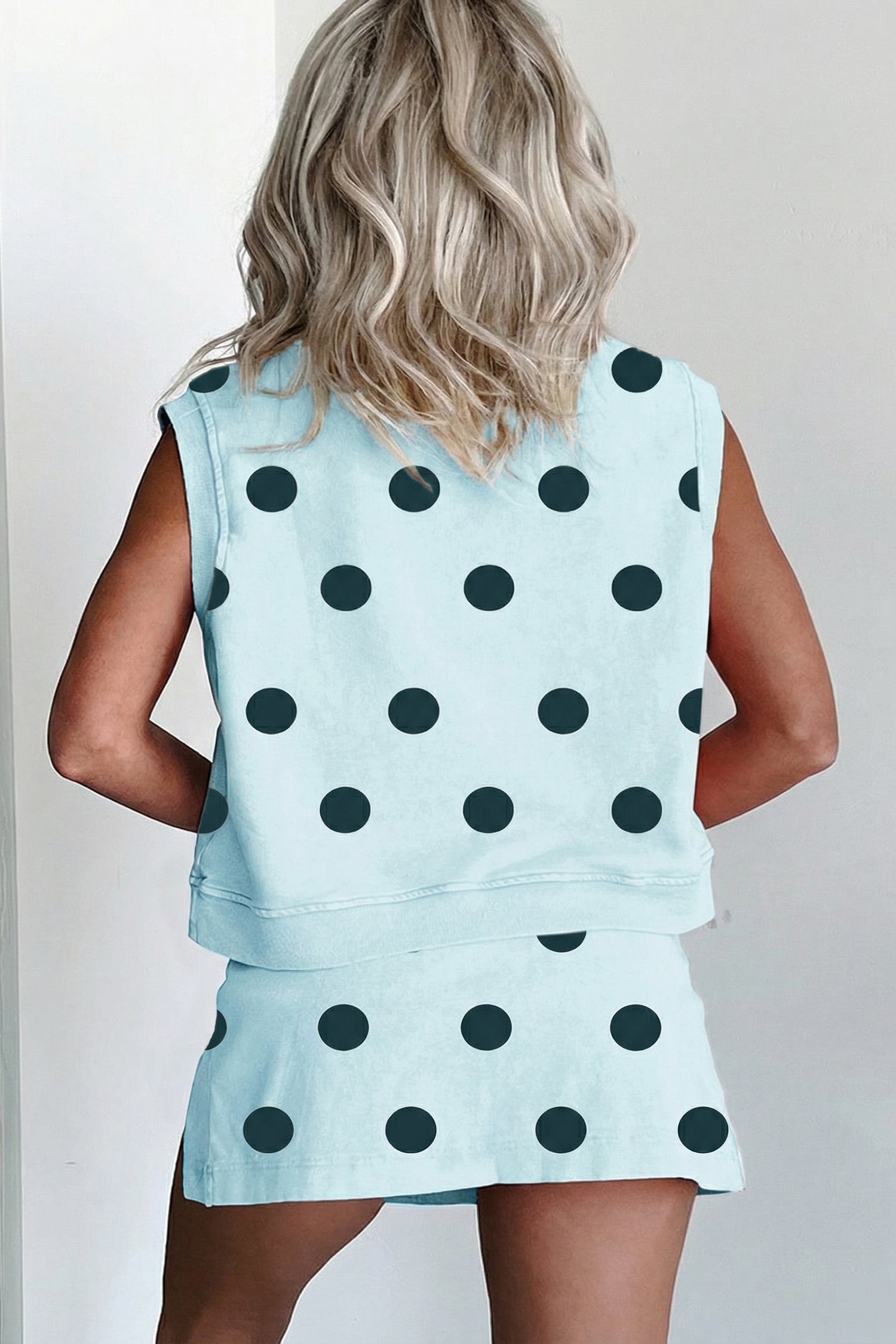 Sky Blue Ribbed Trim Polka Dot Print Tank Split Mini Skort 2pcs Set