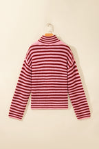 Red Stripe Striped High Neck Zip-up Sweater Long Sleeve Casual Fit Drop Shoulder Open Front Cardigan