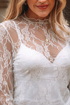 White Sheer Lace Mesh Mock Neck Slim Fit Long Sleeve Top