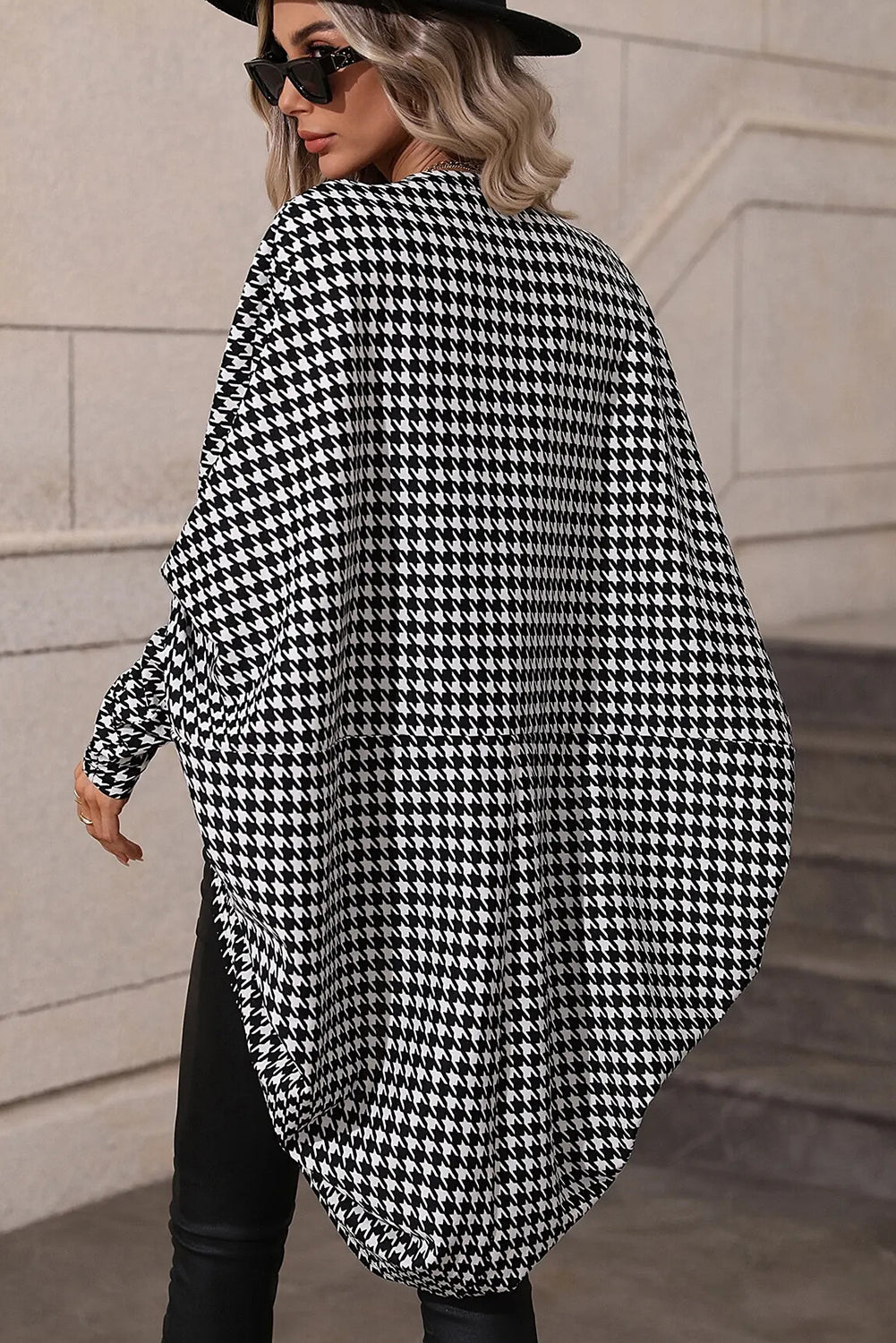 Black Houndstooth Print Open Front Long Dolman Kimonos