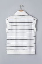 White Stripe Color Block Zip V Neck Sleeveless Top
