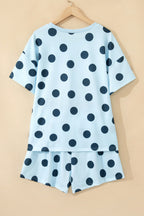 Sky Blue Polka Dot Print Loose Tee Drawstring Elastic Waist Short Set