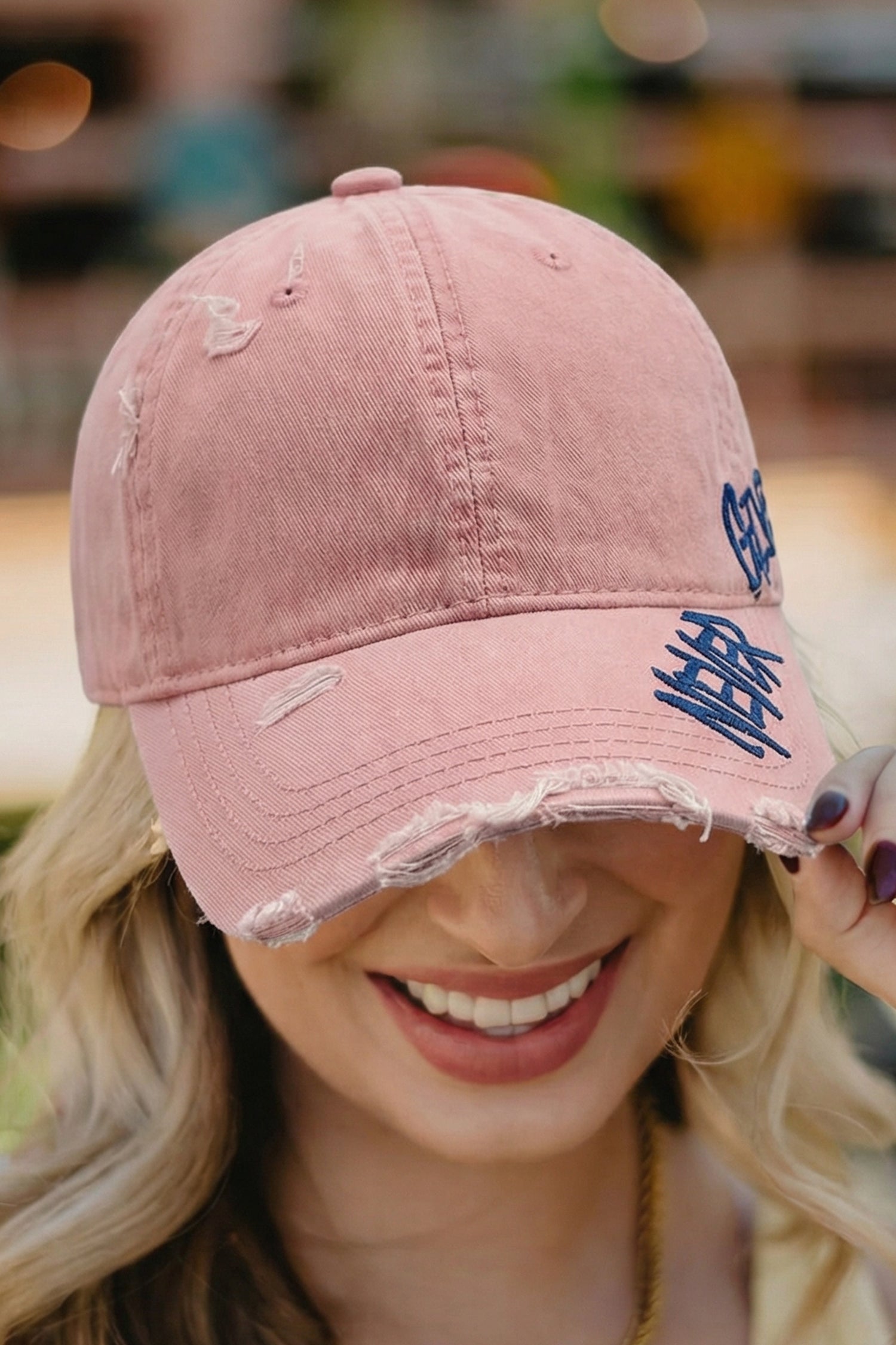 Light Pink NEVER GIVE UP Cotton Distressed Baseball Cap