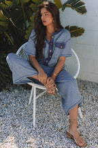 Beau Blue Half Placket Chest Pockets Short Sleeve Wide Leg Jumpsuit