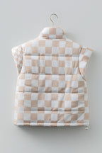 Khaki Contrast Plaid Quilted Button Zip Up Vest