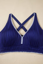 Navy Blue Shell Stitched Trim V Neck Textured Mix and Match High Waist Bikinis