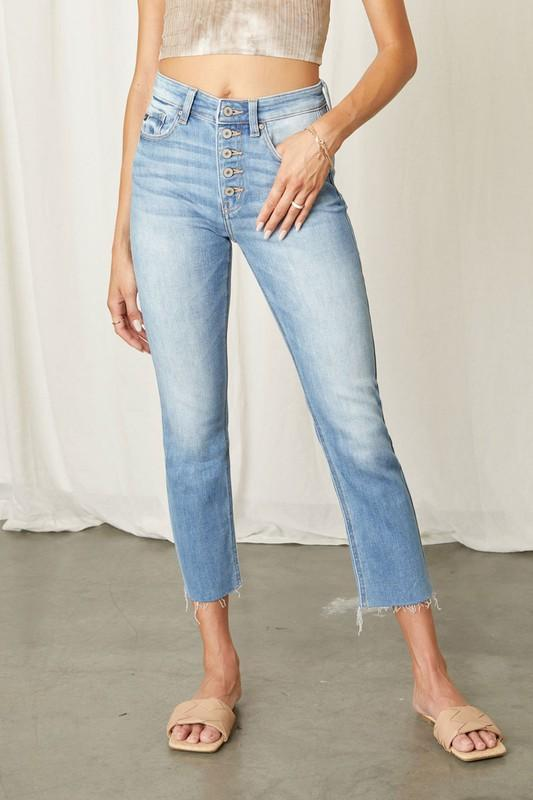 High Rise Frayed Him Straight Skinny Jeans