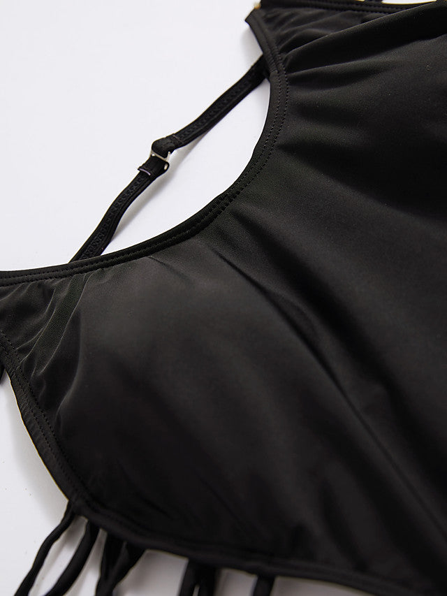 Women's Lace up Solid Sports Halter Neck One-piece Swimwear-Walmel