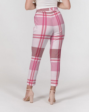 Damenhosen, konisch geschnittene Hosen - mit Gürtel / Pink &amp; Weiß / Plaid