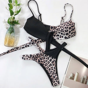 Damen-Bikini-Set mit hoher Taille, Leoparden-Schlangendruck