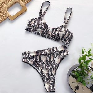 Damen-Bikini-Set mit hoher Taille, Leoparden-Schlangendruck