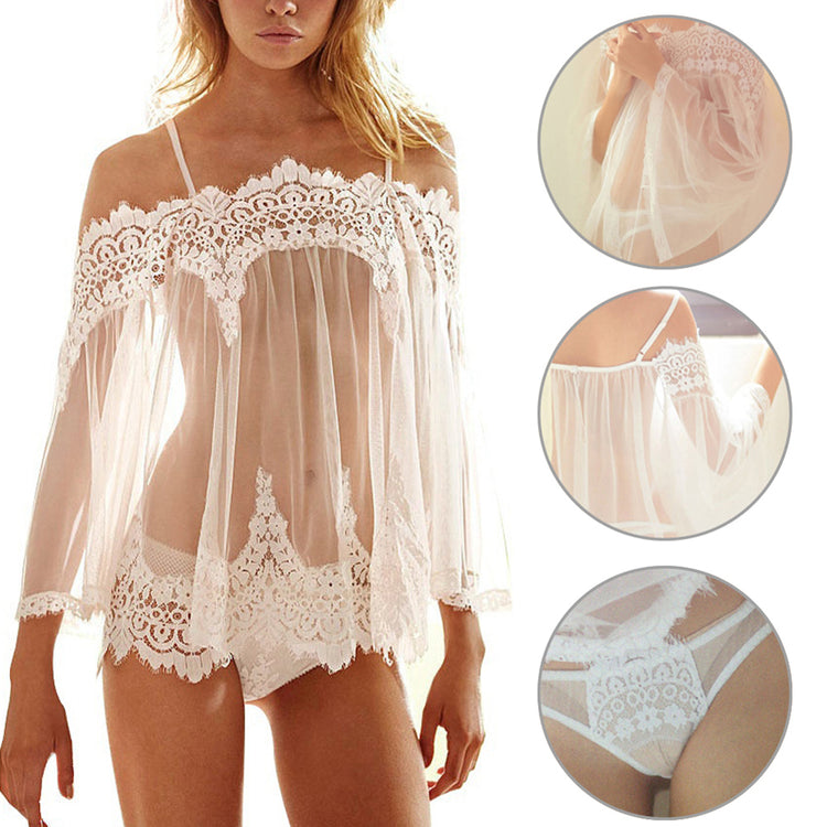 Women See-Though Off-Shoulder Dress Sleepwear - Walmel