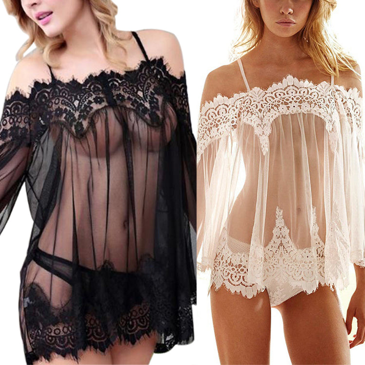 Women See-Though Off-Shoulder Dress Sleepwear - Walmel