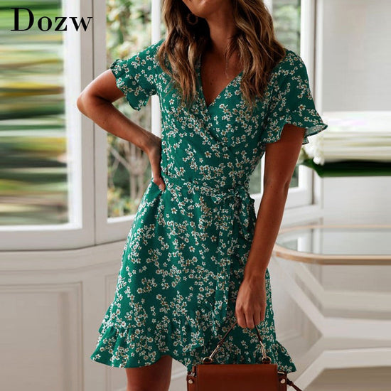 V Neck Floral Print Beach Dress