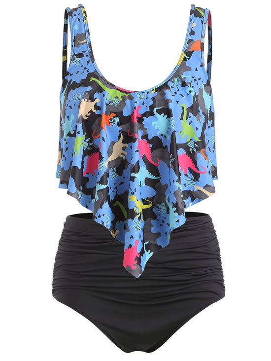 Dinosaur Print Ruffled Plus Size Women Set-Women&