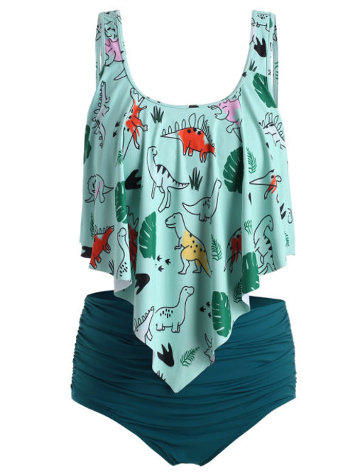 Dinosaur Print Ruffled Plus Size Women Set-Women's Clothing-Walmel