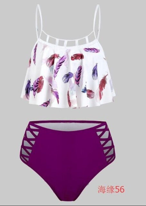 Feather Print Lattice Cutout Tankini Sets-Women's Clothing-Walmel