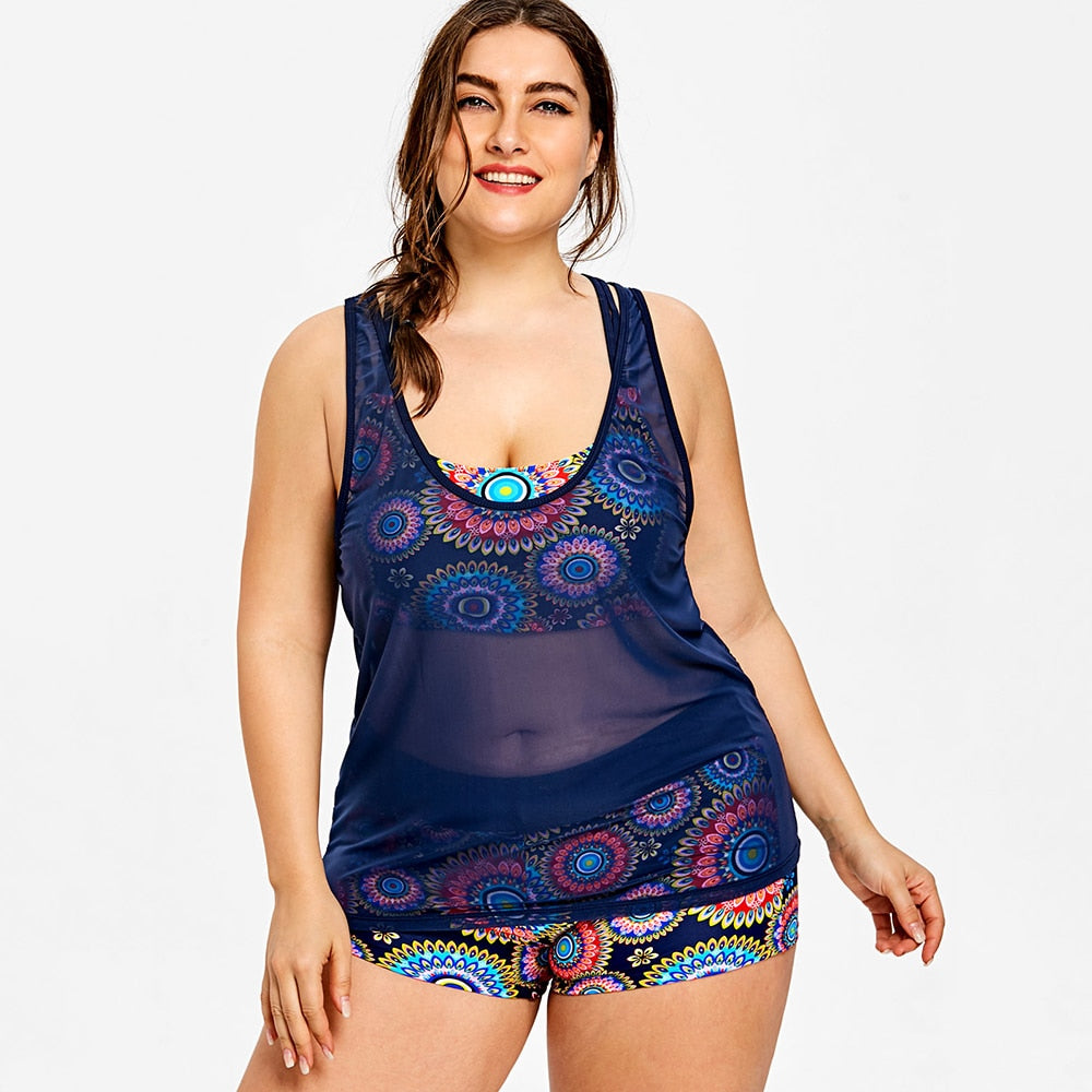 Plus Size Printed Beachwear With Mesh Tank-Women's Clothing-Walmel