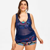Plus Size Printed Beachwear With Mesh Tank-Women&